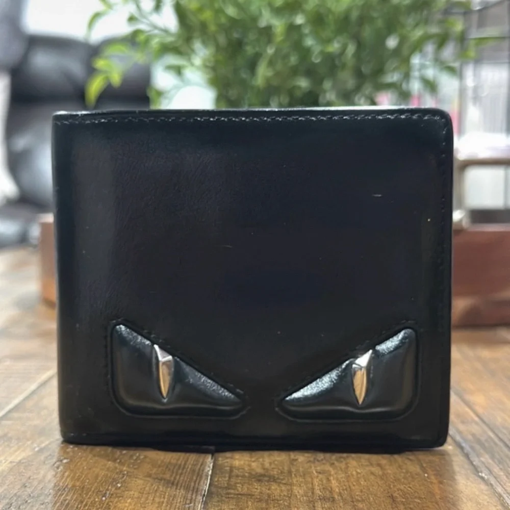 Authentic Fendi Bag Bugs Monster Eyes Black Leather Bifold Wallet with Box